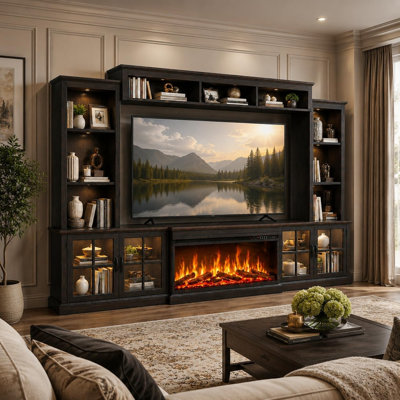 98" Farmhouse TV Stand With Electric Fireplace & Barn Doors – All-In-One Entertainment Console With Bookshelves, Built-In Charging & Storage, Fits Tvs Up To 75"