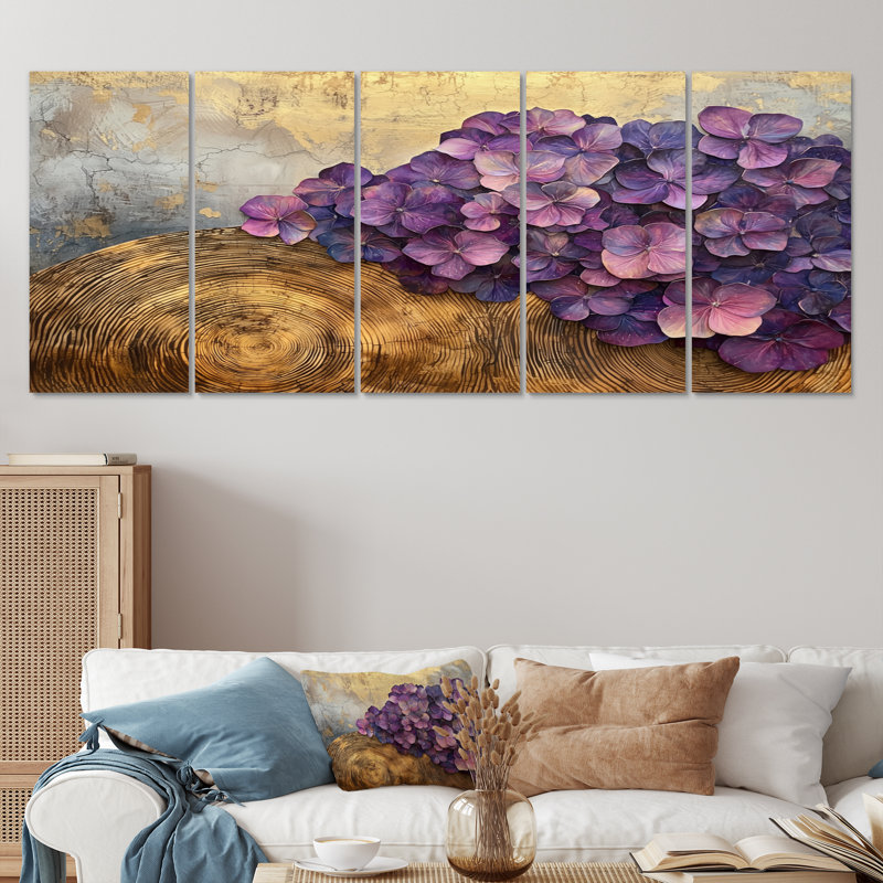 Lavande, fleurs d'hortensia sur glissade en bois - Art mural hortensia - Art mural traditionnel, H 32 po x l 80 po, 5