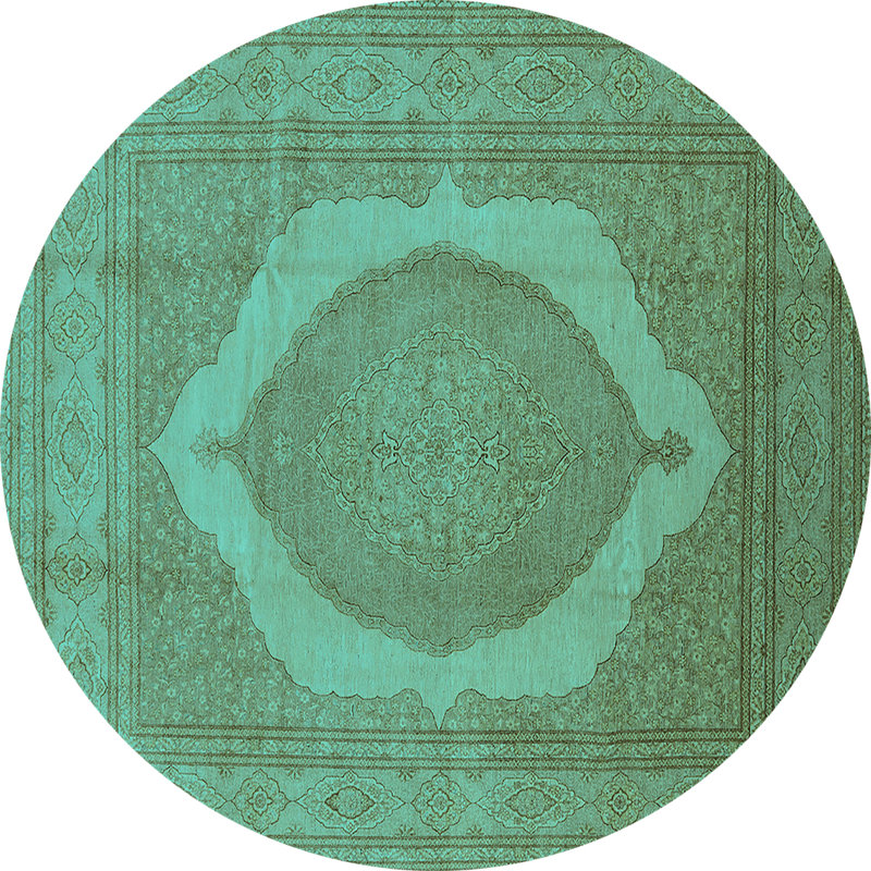 Tapis oriental en laine / polyester tissé à la machine en turquoise / brun / beige, Rond 6 pi