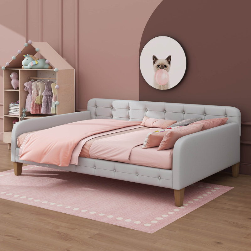 Daybed Wrapped In Fabric Upholstery And Resting On Robust Legs, Beige, Full/Double