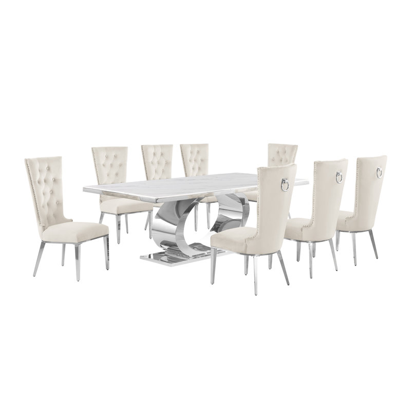 Ensemble de salle à manger Ballance, Ensemble salle à manger 9 pièces, Crème / argenté, Argent