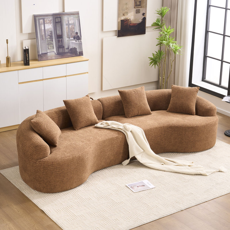 Canapé modulaire incurvé en polyuréthane caramel à compression complète, canapé modulaire en chenille 30D pour appartement et salon, L 110 po, 800 lb, 60 fermeté avec 4 coussins