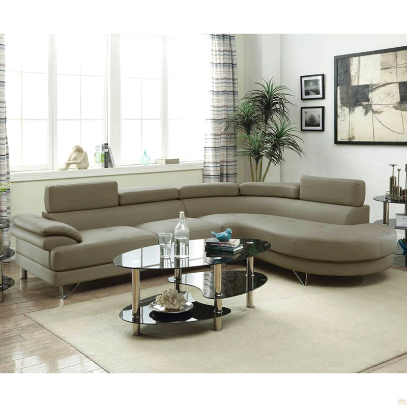 Canapé modulaire en L en cuir synthétique avec appuis-tête rabattables, gris clair