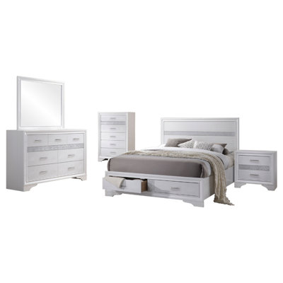 Vino White 5 Piece Queen Bed Set With Storage Dressers, Glitter Accent