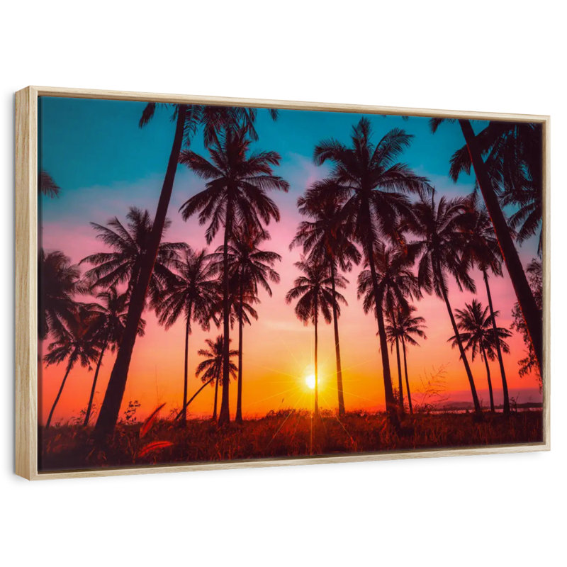 Silhouette coucher de soleil tropical, Cadre flottant en bois naturel, 31 po x 21 po