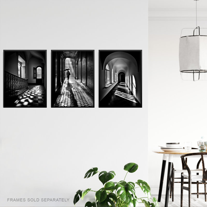 Shadows And Light Black White Geometric Patterns Atmospheric - 3 Piece No Frame Print, 29.7cm H x 21cm W x 0.4cm D