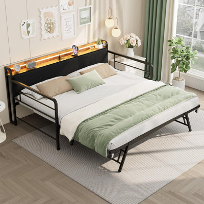 Daybed with Trundle and LED Light, Sturdy Metal Twin Size Bed Frame with Corduroy Upholstered Headboard and Charging Station