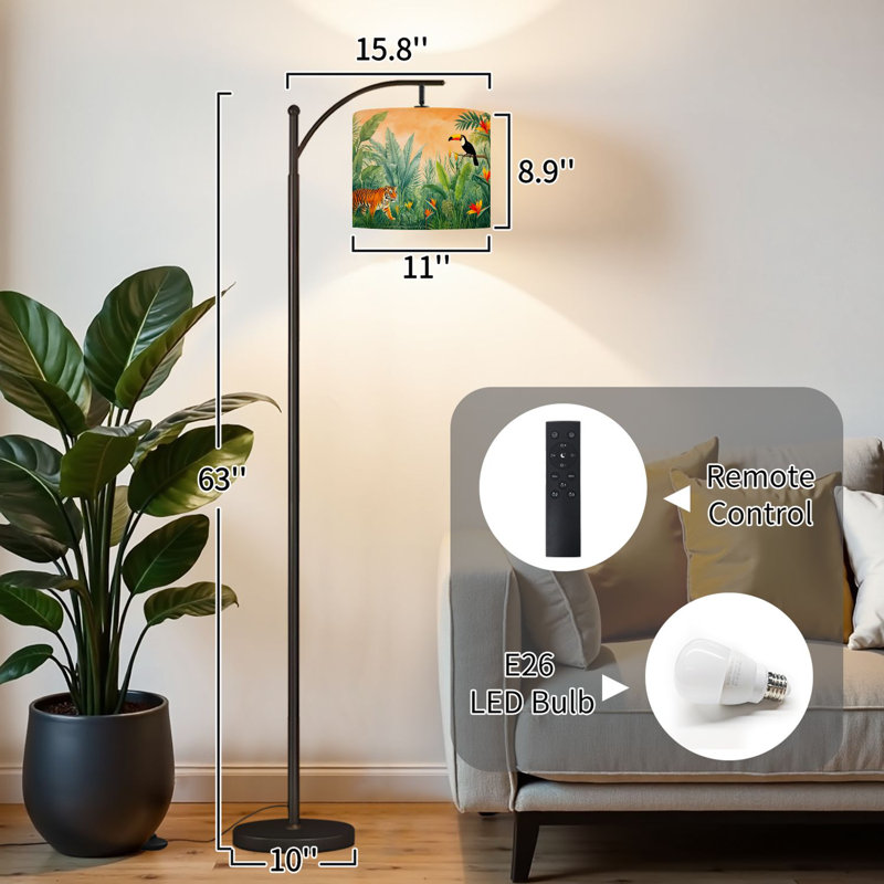 Lampe sur pied à arc avec abat-jour ajustable tigre parmi la jungle tropicale, lampe sur pied à fleurs vives, 3 températures de couleur, intensité variable, grand mât avec interrupteur au pied pour la chambre à coucher