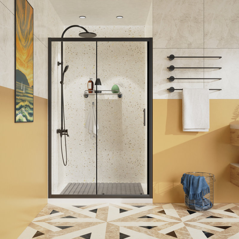 Porte de douche coulissante simple, porte de douche en verre trempé transparent épais de 1/5 po avec poignée en acier inoxydable
