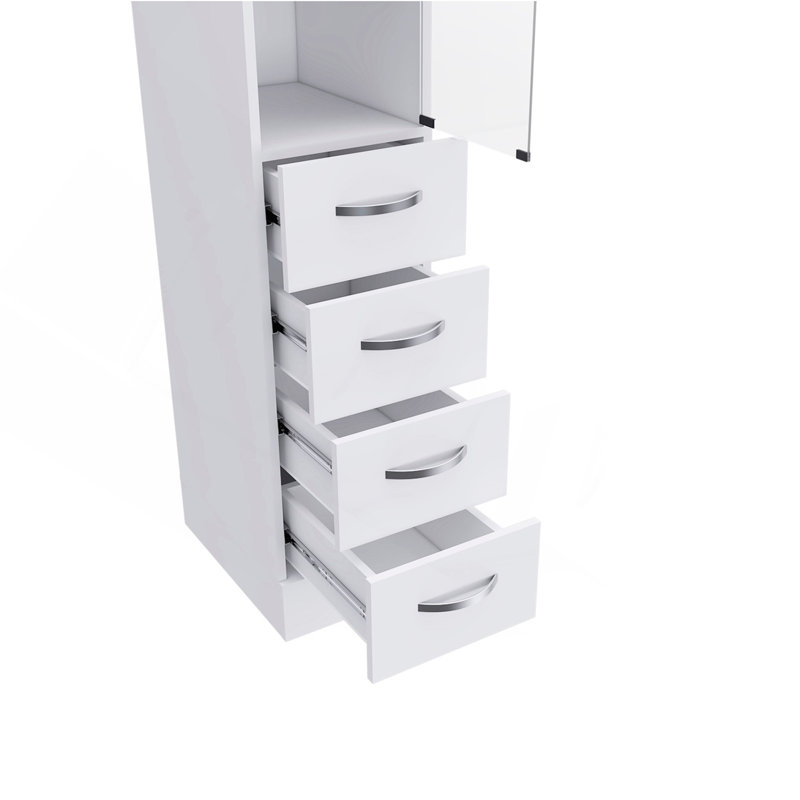 Armoire à linge H 68 po, trois tablettes, quatre tiroirs et poignées en métal, Blanc