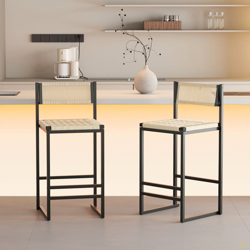 Ensemble de 2 tabourets de bar tissés avec dossier en corde de papier tissé pour îlot de cuisine, Blanc