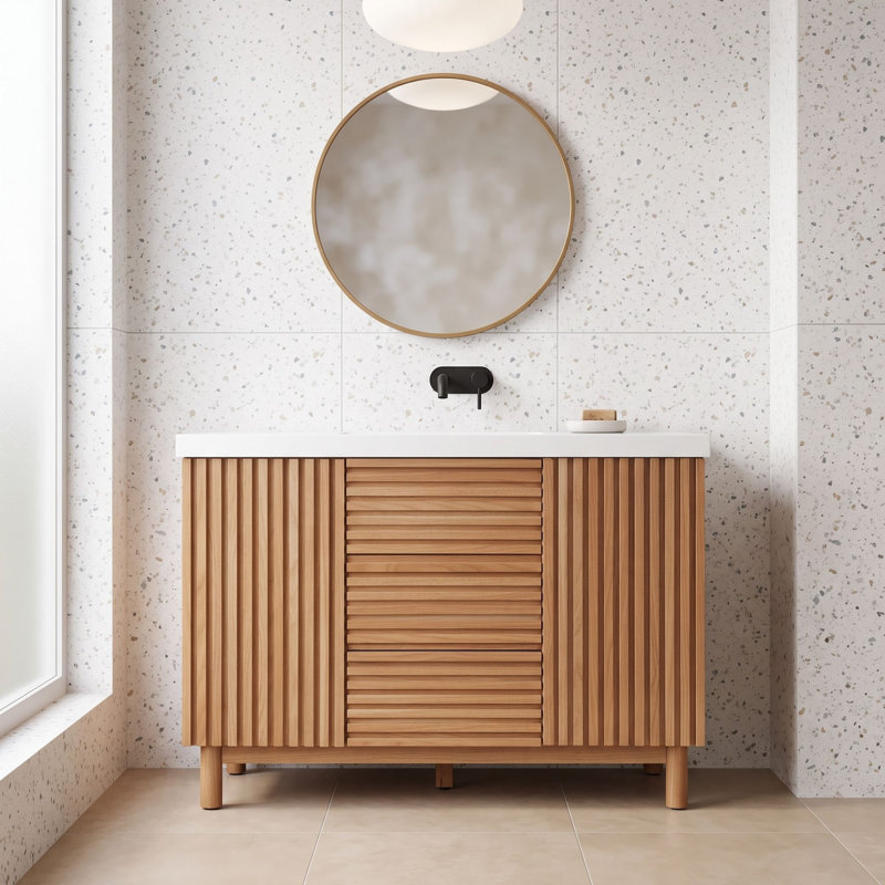Meuble-lavabo moderne en grain de bois avec lavabo en résine, pied de support central réglable, portes et tiroirs à fermeture en douceur