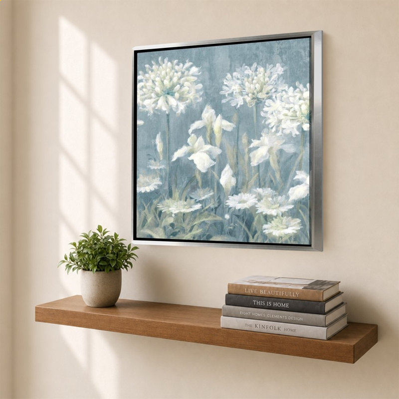 «Spring Blossoms II Slate Blue» par Danhui Nai - impression sur toile, 40" H x 40" W, Silver