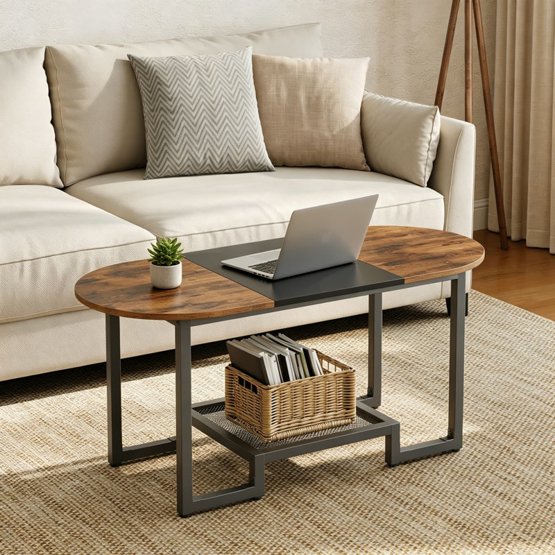 Table basse ovale avec tablette de rangement à 2 niveaux, table centrale étroite étroite pour petits espaces, cadre rustique brun et noir, design compact pour le salon, la chambre à coucher et le bureau