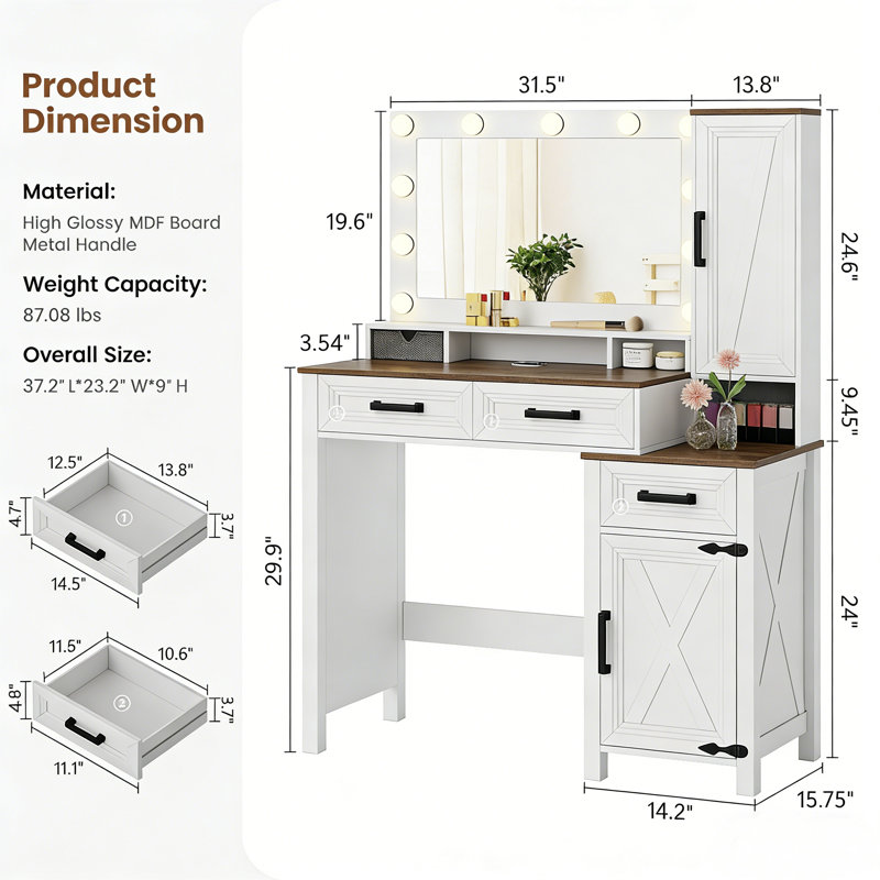 Makeup Vanity with Led Light, White