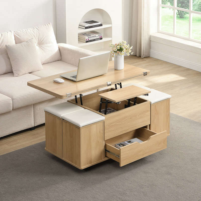 Ensemble de tables basses à plateau relevable multifonctionnel avec rangement caché et quatre tabourets, idéal pour transformer les espaces de vie et utiliser l'espace de manière efficace