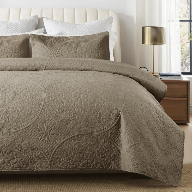 Couvre-lit matelassé toutes saisons à motif floral, Twin Bedspread + 1 Standard Pillowcase, Beige