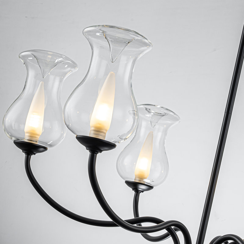 Lustre 6 lumières en fer noir mat avec abat-jour en verre transparent, luminaire suspendu de style campagne moderne à hauteur réglable pour salle à manger, îlot de cuisine et salon