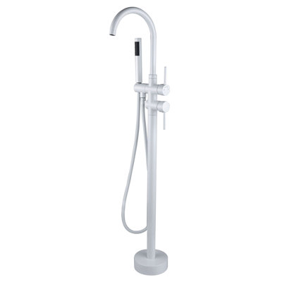 Freestanding Bathtub Faucet With Hand Shower - White Metal. 46.76In Depth, 6.39In Width. Craft, Corrosion . Full Body Spray For Refreshing Bath. Make Bathroom More Attractive Metal And Shower. 46.76"