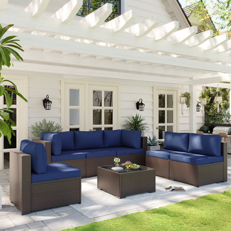 7-pieces Outdoor Rattan Wicker Sectional Seating Group With Cushions, Blue Cushion/Brown Frame