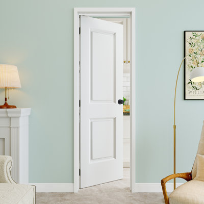 Porte pré-suspendue 24 po x 80 po à 2 panneaux creux avec bouton rond et charnières noires, finition blanche et peinturable, durable et imperméable, combinaison pour la lessive, portes de placard, portes de chambre, main gauche