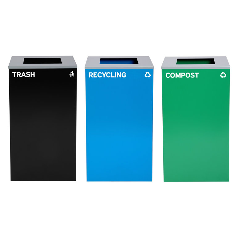 29 Gallon Steel Open Top Recycling, Compost, and Trash Can Set with Square Lid