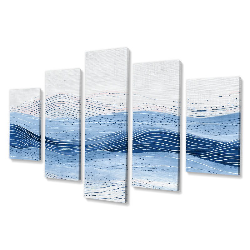 «Blue and Grey Coastal Waves - Coastal Wall Decor», art mural sur toile bleue 5 pièces