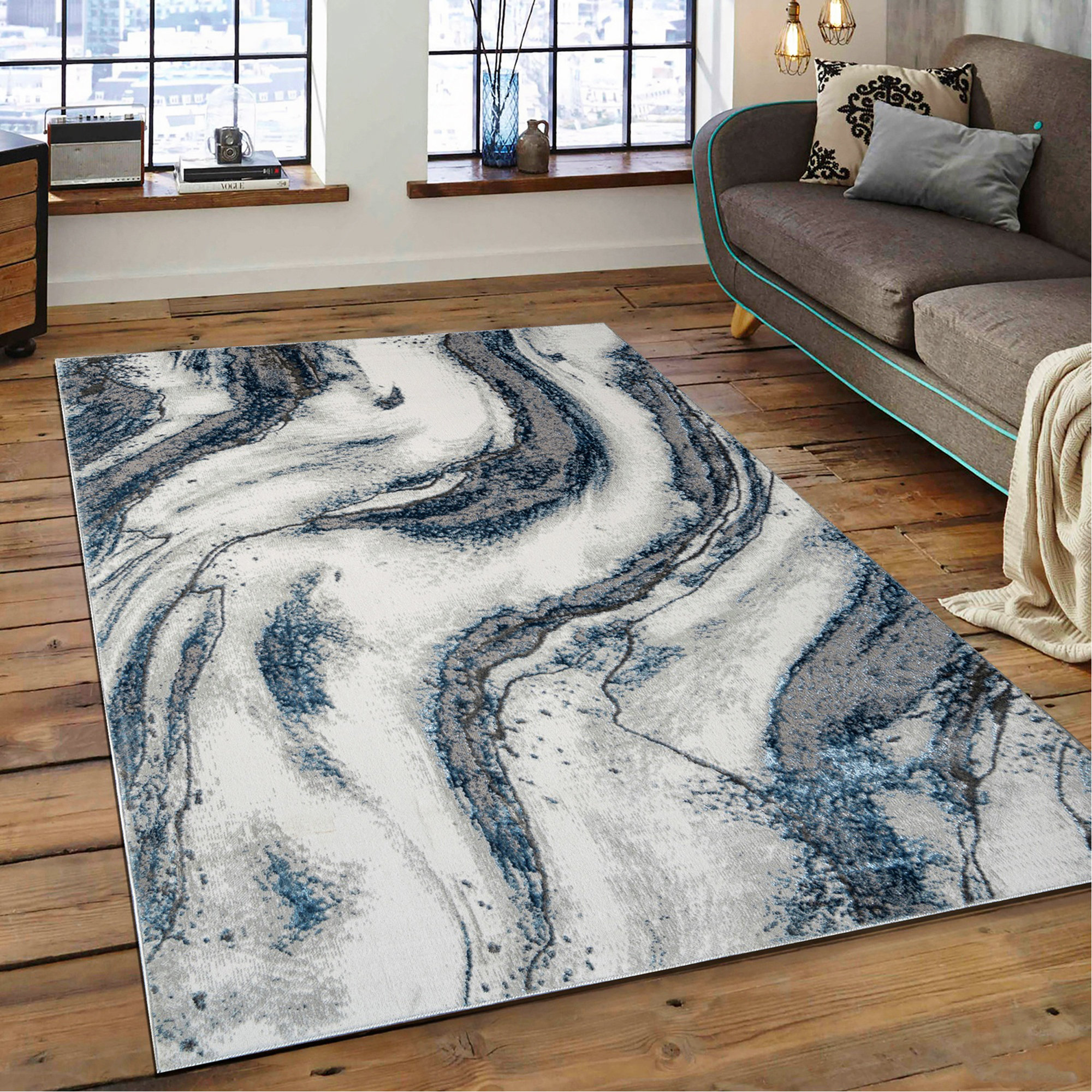 Wrought Studio™ Luxury Area Rug In Blue And Grey Abstract Design | Wayfair