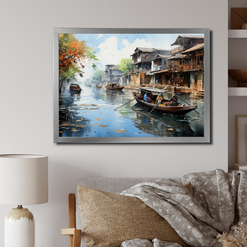 «Boat In Vietnam Floating Markets II», reproduction d'art sur toile, 16" H x 32" W, Black Picture Framed