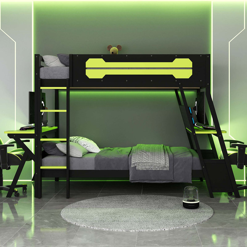 Twin Size Bunk Bed with Two Built-In Gaming Desks, USB Desktop Ports & Pegboard Organizer, Gaming Bunk Frame for Gamer, Green