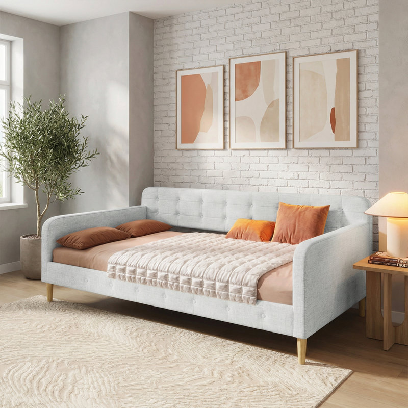 Elegant Linen Upholstered Daybed With Armrests - Versatile Sofa And Guest Bed Combo, Queen, White