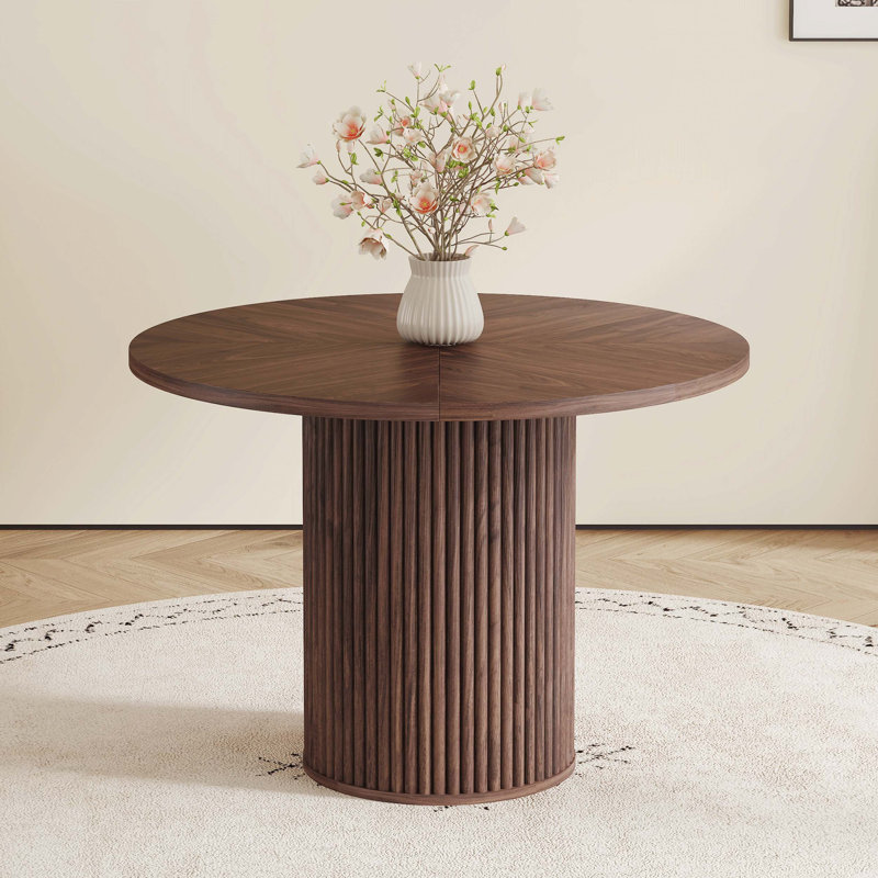 Table de salle à manger ronde moderne en noyer massif, pieds avec rangement dissimulé et plateau résistant en forme d'éventail