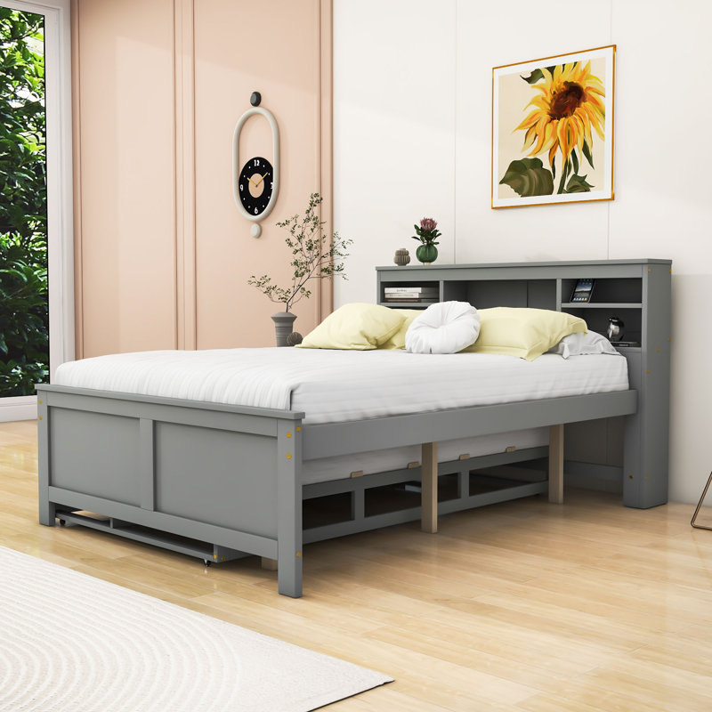 Lit plateforme avec tête de lit, ports USB et lit gigogne, Gris, Double