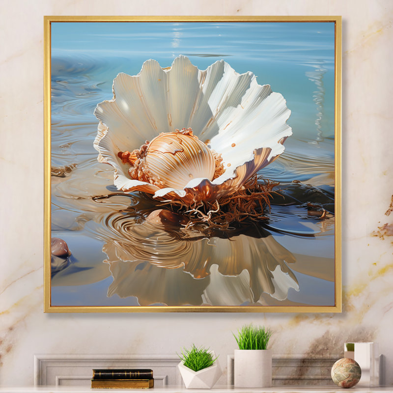 White Clam Ocean Whispers - Animals Canvas Wall Art, Cadre flottant doré, H 36 po x l 36 po x P 1,5 po