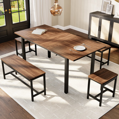 Extendable Dining Table Set 5-Piece, Space-Saving Expandable Kitchen Table for 6-8 People, Modern Black MDF & Metal Frame with 2 Benches & 2 Chairs, Brown