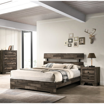 Structure de lit plateforme contemporaine très grand avec tête de lit à lattes rustique, bois brun, dans une boîte, facile à installer