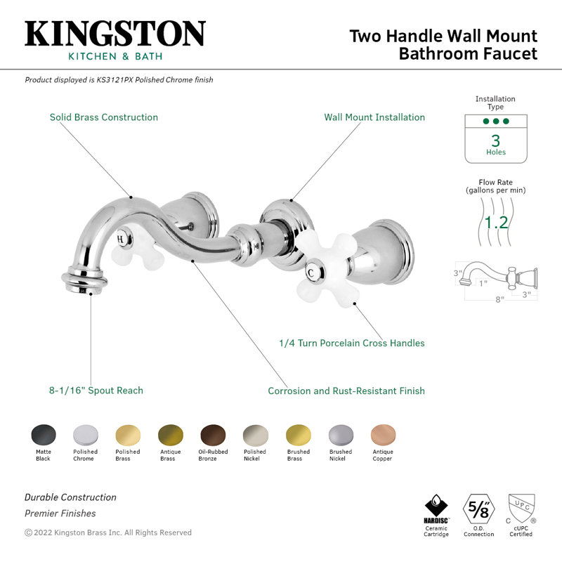 Kingston Brass Vintage Two-Handle 3-Hole Wall Mount Bathroom Faucet, Polished Brass