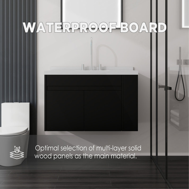 Meuble-lavabo flottant 36 po avec lavabo 36 po, porte à fermeture douce, comptoir et dosseret en marbre de culture blanc Carrara 2 po