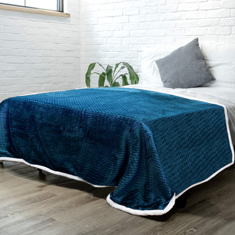Reversible Teal Blue Sherpa Fleece Throw Blanket