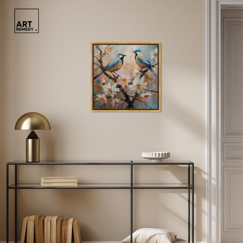 Gold Framed Abstract Floral and Bird Canvas Print, 40" x 40"
