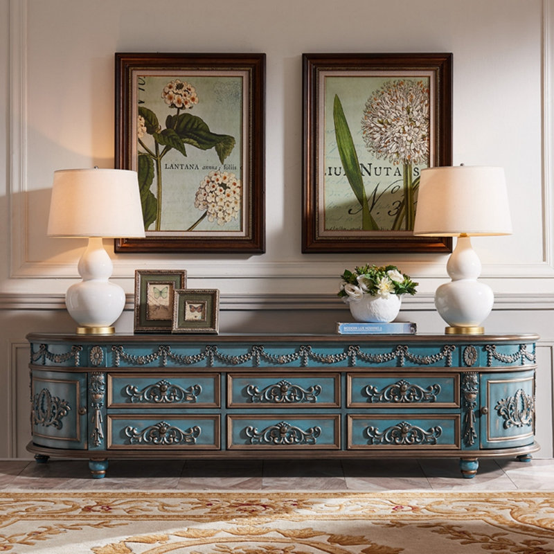 Meuble télé en bois massif American Style, Bleu, H 20,87 po x l 78,74 po x P 15,75 po