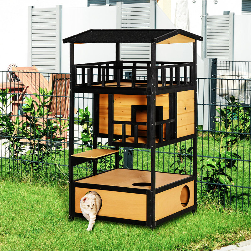 Large Black and Natural Wood Outdoor Cat House with Platforms