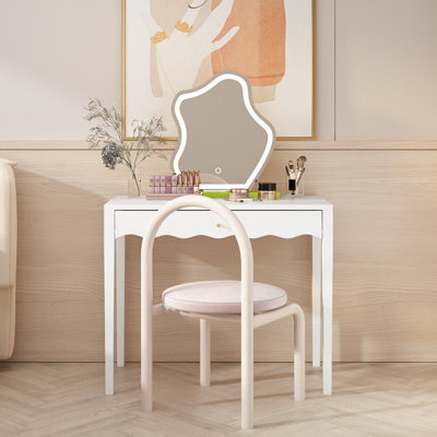 Meuble-lavabo de 35,43 po avec tiroir - table de maquillage moderne avec façade festonnée et poignée dorée, bureau d'écriture compact avec 4 pieds robustes pour la chambre à coucher, petit bureau à domicile et appartement