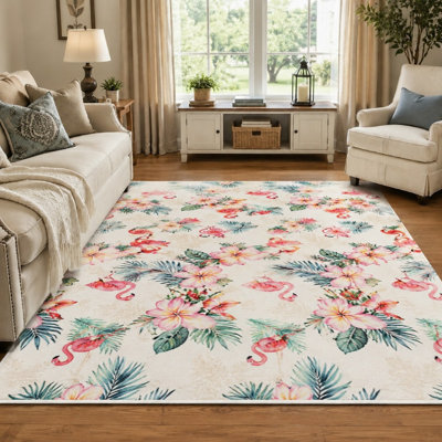 Tapis d'intérieur à motif floral flamant rose tropical (1 pièce) - Illustration aquarelle vibrante, envers antidérapant, facile à nettoyer, décoratif pour salon, chambre, cuisine, bureau.