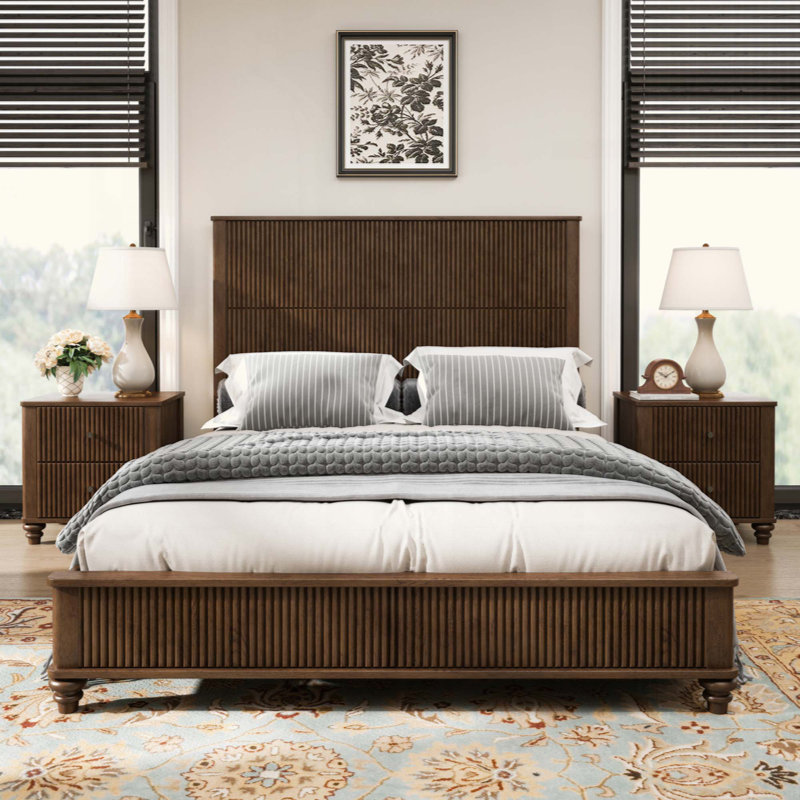 Ensemble de chambre à coucher 3 pièces avec un lit double et 2 tables de chevet, Noyer brun, Grand