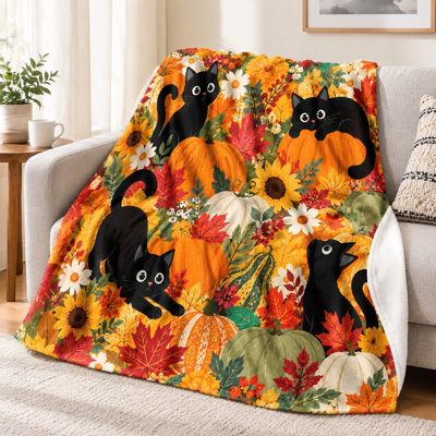 Couverture en flanelle imprimée chat noir, citrouille et feuilles d'automne (1 pièce) – Une face ; douce et chaude ; lavable à la machine ; idéale pour la décoration intérieure et la détente ; parfaite pour l'automne et l'Halloween ; un cadeau idéal. Convient également pour la literie et le canapé.