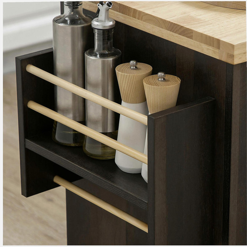 Modern rolling kitchen island cart, with spice rack, brown oak, Brown Oak