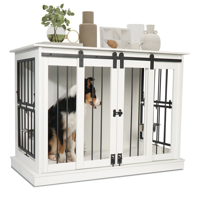 White Medium Wooden Dog Crate Table with Sliding Doors