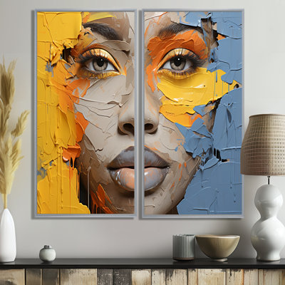 Yellow Blue Paint Collage Portrait - Global Canvas Prints 2-Panels