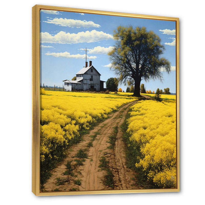 «Countryside Farm Road Yellow Spring Fields» sur impression sur toile, H 40 po x l 30 po x P 1,5 po, Cadre flottant doré